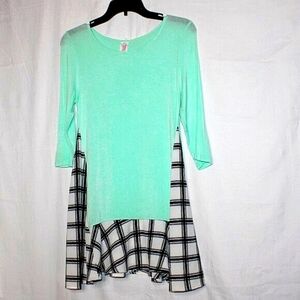 Mint Green True Light Tunic - Size S, Plaid Contrast Hem, Great Condition!